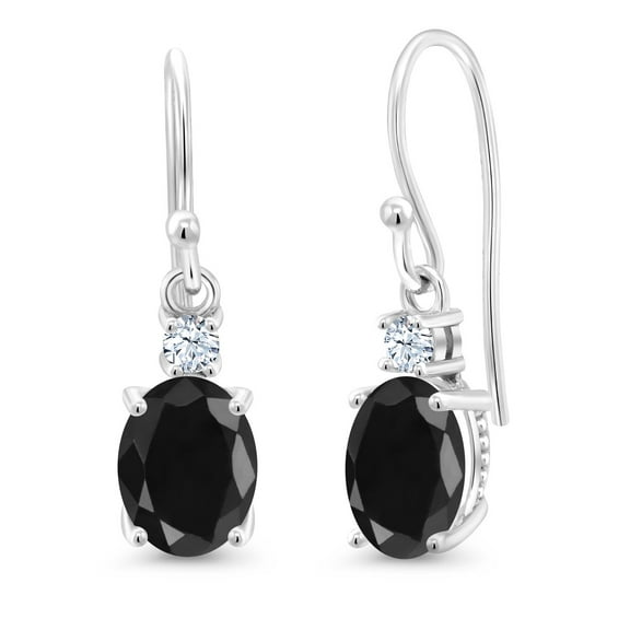 Gem Stone King 10K White Gold Black Sapphire and White Created Sapphire Dangle Earrings for Women (3.42 Cttw, Gemstone Birthstone, Oval 8x6mm)