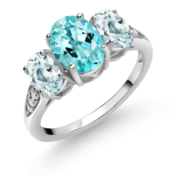 Gem Stone King 10K White Gold Blue Apatite Sky Blue Aquamarine and White Lab Grown Diamond 3 Stone Engagement Ring for Women (2.24 Cttw, Gemstone Birthstone, Available in Size 5, 6, 7, 8, 9)