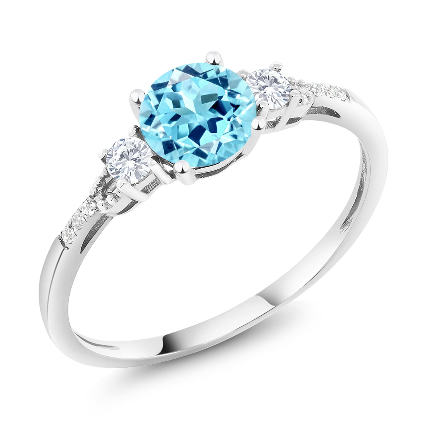 Gem Stone King 10K White Gold Blue Apatite White Created Sapphire and White Diamond Accent 3-Stone Engagement Ring for Women (0.96 Cttw, Round 6MM, Gemstone Birthstone, Size 7.5)