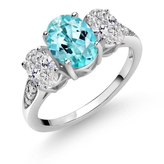 Gem Stone King 10K White Gold Blue Apatite, White Lab Grown Diamond Engagement Ring for Women | 2.04 Cttw | Oval 8X6MM | Gemstone Birthstone | Size 9