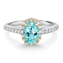 Gem Stone King 10K White Gold Blue Apatite White White Lab Grown Diamond Halo Engagement Ring for Women (1.13 Cttw, Oval 7X5MM, Gemstone, Size 5)