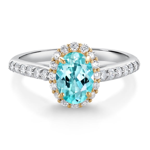 Gem Stone King 10K White Gold Blue Apatite White White Lab Grown Diamond Halo Engagement Ring for Women (1.13 Cttw, Oval 7X5MM, Gemstone, Size 5)