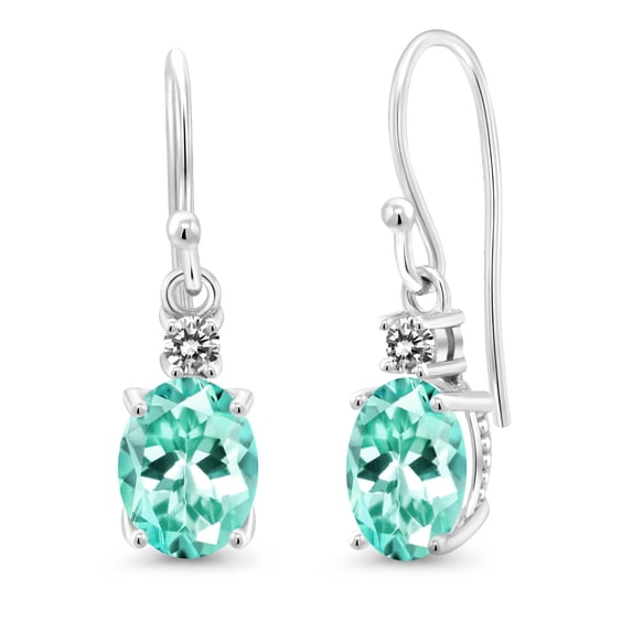 Gem Stone King 10K White Gold Blue Apatite and White Diamond Dangle Earrings for Women (2.51 Cttw, Gemstone Birthstone, Oval 8x6mm)