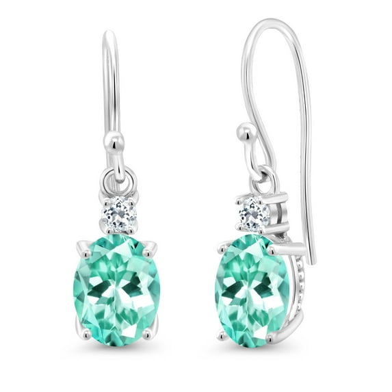 Gem Stone King 10K White Gold Blue Apatite and White Topaz Dangle Earrings for Women (2.54 Cttw, Gemstone Birthstone, Oval 8x6mm)