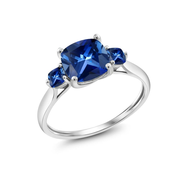 14K White Gold 7mm Cushion Cut Created Blue Sapphire & Diamond Halo Ring 14K White Gold 7mm Cushion Cut Created Blue Sapphire & Diamond Halo Ring