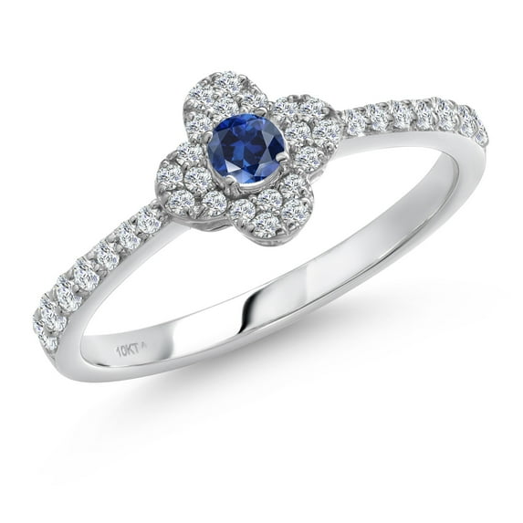 Gem Stone King 10K White Gold Blue Created Sapphire Clover Flower Engagement Ring for Women | 0.25 Cttw | Round 2.5MM | Gemstone September Birthstone | Size 6