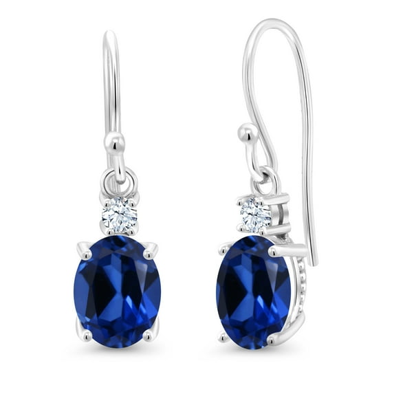 Gem Stone King 10K White Gold Blue Created Sapphire and White Created Sapphire Dangle Earrings for Women (3.30 Cttw, Gemstone Birthstone, Oval 8x6mm)