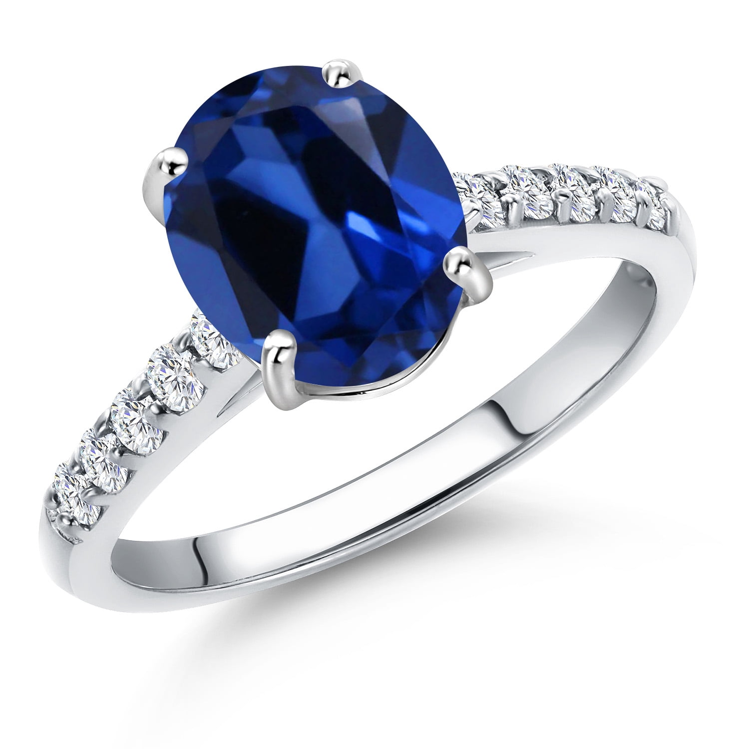 Gem Stone King 10K White Gold Blue Created Sapphire and Lab Grown Diamond Engagement Ring for Women | 2.50 Cttw | Oval 9X7MM | Gemstone September Birthstone | Size 6