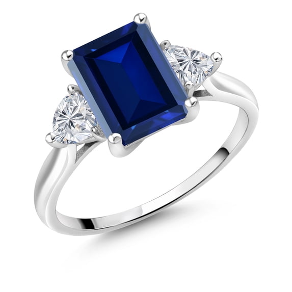 Gem Stone King 10K White Gold Blue Created Sapphire and Lab Grown Diamond Engagement Ring for Women | 3.14 Cttw | Octagon 9X7MM | Gemstone September Birthstone | Size 8