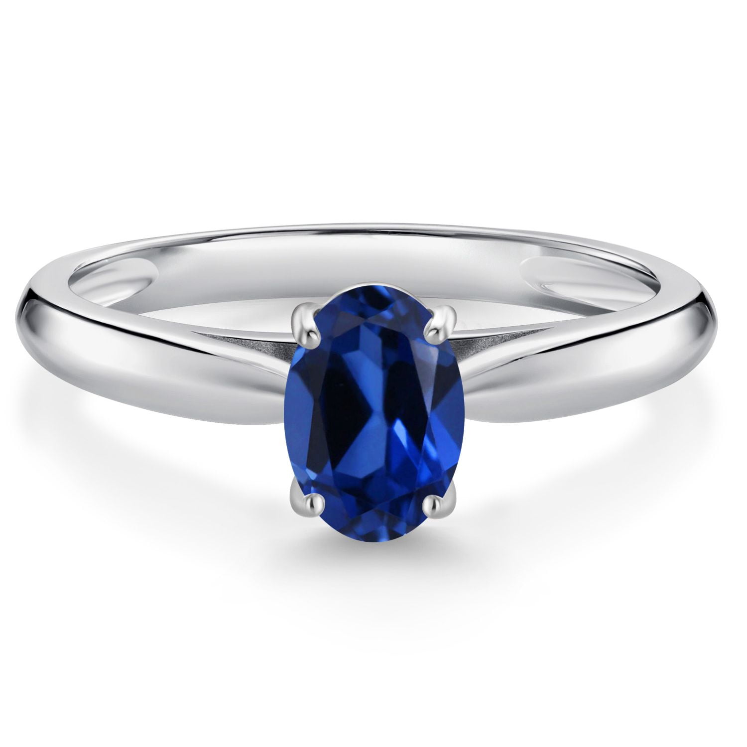 Gem Stone King 10K White Gold Blue Created Sapphire Solitaire Engagement Ring for Women (1.00 Cttw, Oval 7X5MM, Gemstone September Birthstone, Size 8)