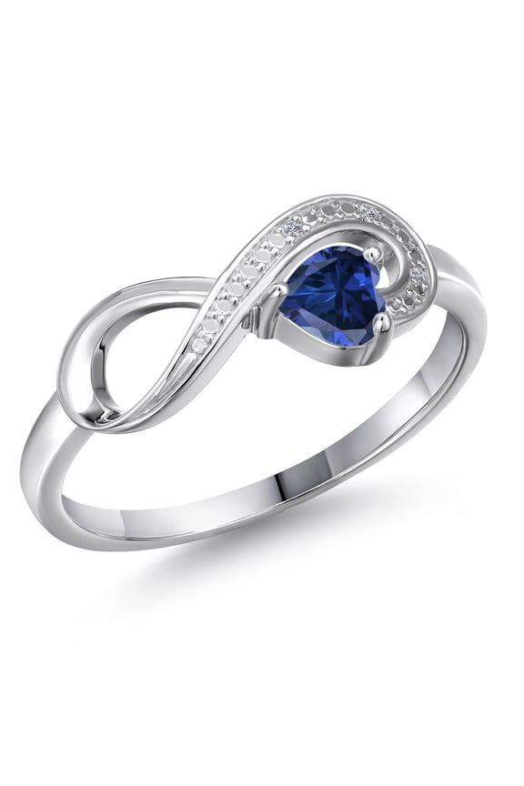 10K White Gold Blue Created Sapphire and White Diamond Accent Infinity Ring for Women (0.51 Cttw, Heart Shape 4MM, Gemstone September Birthstone, Size 5)