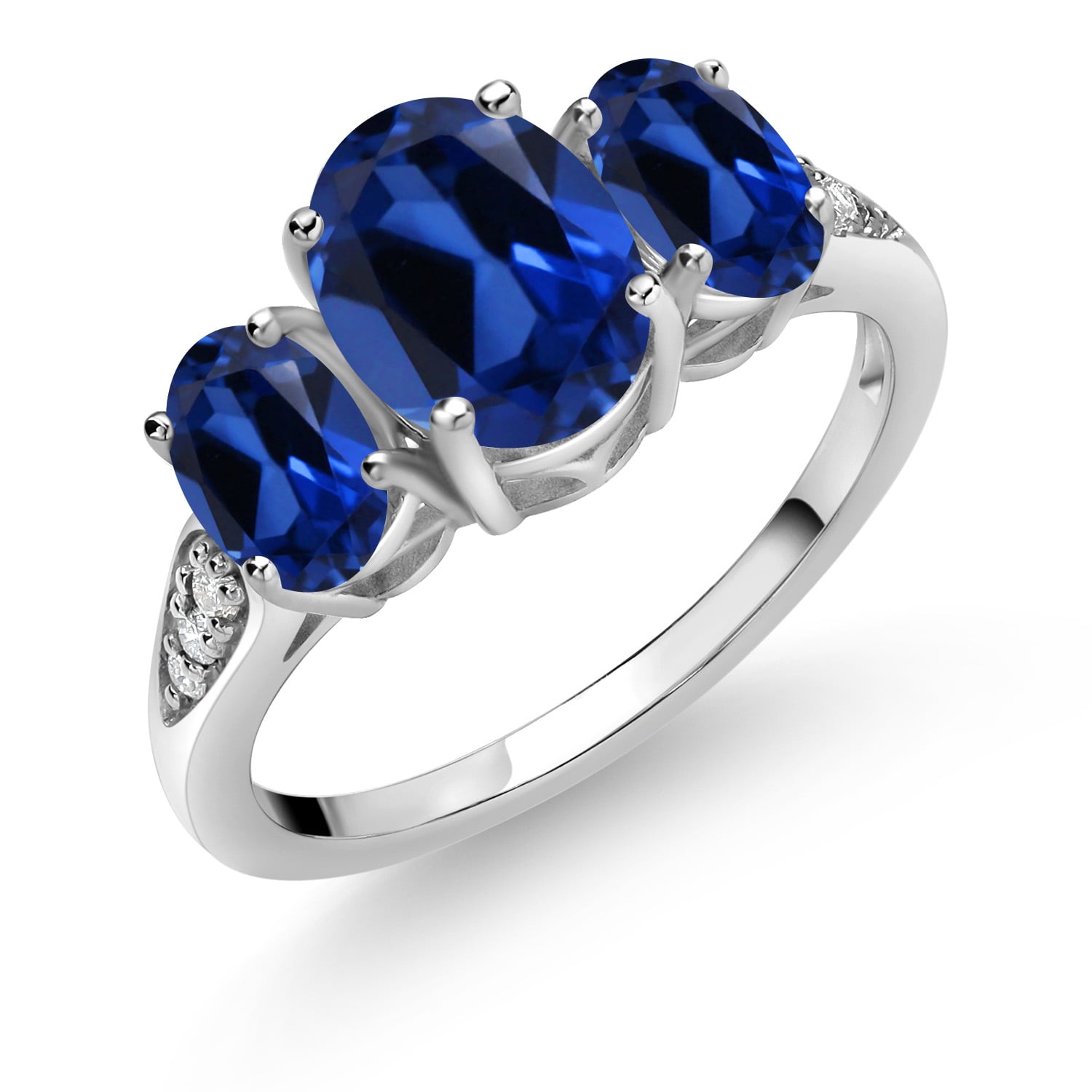 Gem Stone King 10K White Gold Blue Created Sapphire and White Lab Grown Diamond 3 Stone Engagement Ring for Women (2.84 Cttw, Gemstone Birthstone, Available in Size 5, 6, 7, 8, 9)