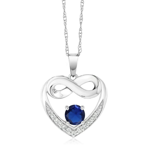 Gem Stone King 10K White Gold Blue Created Sapphire and White Lab Grown Diamond Heart and Infinity Pendant Necklace for Women (1.02 Cttw, Round 5MM, with 18 inch Silver Chain)