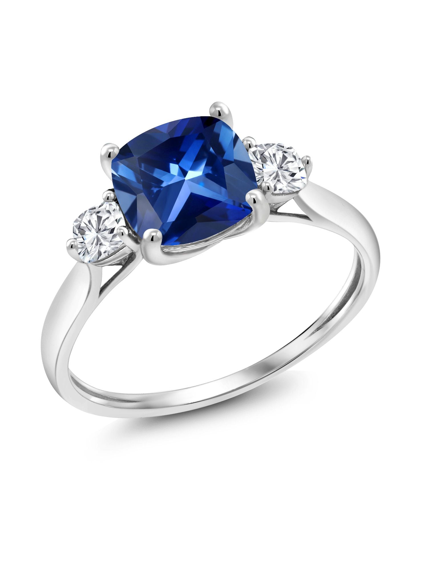 14K White Gold 7mm Cushion Cut Created Blue Sapphire & Diamond Halo Ring 14K White Gold 7mm Cushion Cut Created Blue Sapphire & Diamond Halo Ring