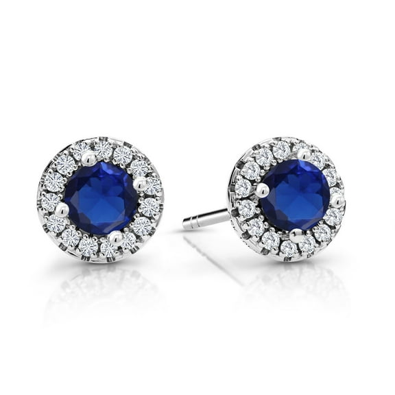 Gem Stone King 10K White Gold Blue Created Sapphire and White Lab Grown Diamond Halo Earrings for Women (0.65 Cttw, Round 4MM)