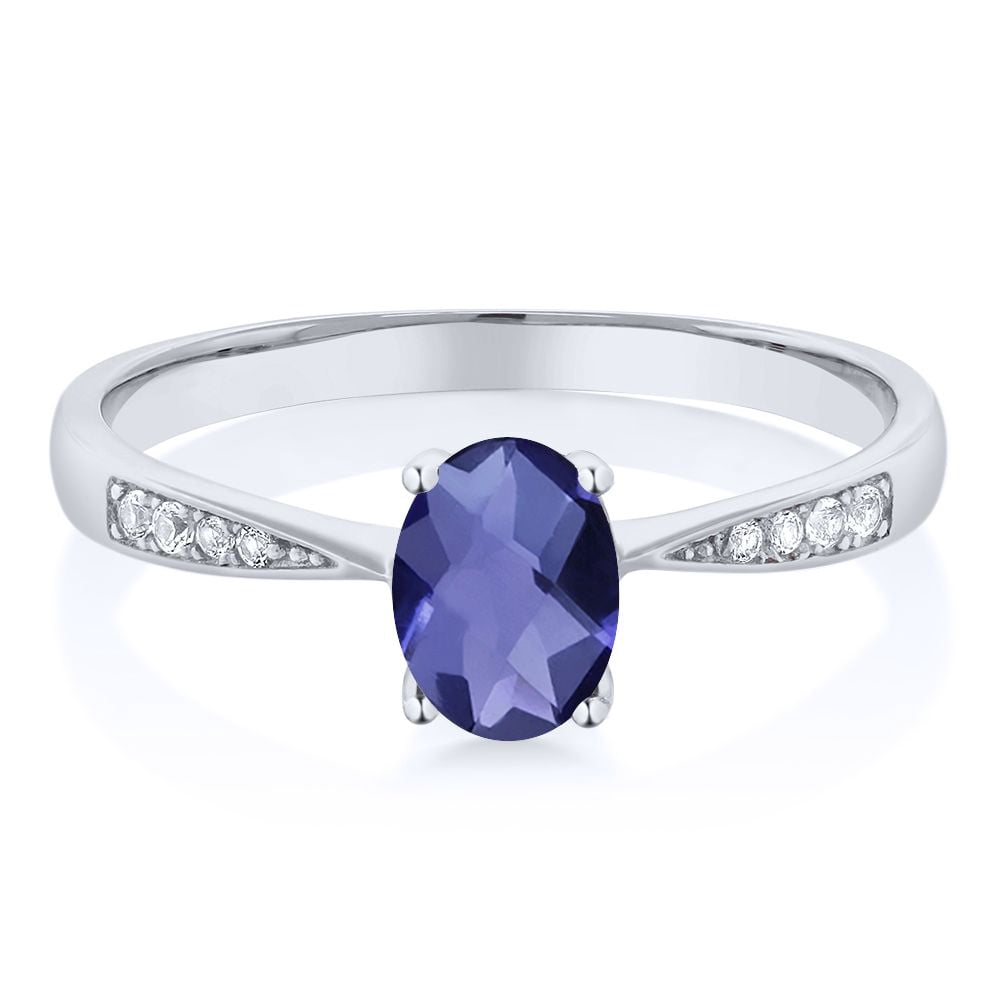 Gem Stone King 10K White Gold Blue Iolite and White Diamond Engagement Ring for Women (0.71 Cttw, Gemstone Birthstone, Oval Checkerboard 7X5MM, Available in Size 5, 6, 7, 8, 9)