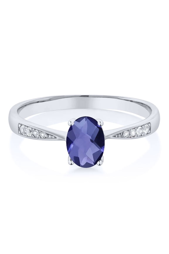 10K White Gold Blue Iolite and White Diamond Engagement Ring for Women (0.71 Cttw, Gemstone Birthstone, Oval Checkerboard 7X5MM, Available in Size 5, 6, 7, 8, 9)