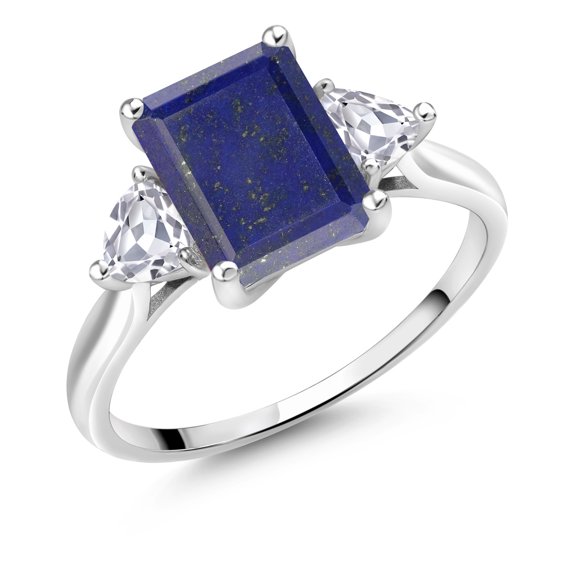 Gem Stone King 10K White Gold Blue Lapis and White Created Sapphire 3 Stone Engagement Ring for Women (2.64 Cttw, Emerald Cut 9X7MM, Gemstone Birthstone, Size 5.5)