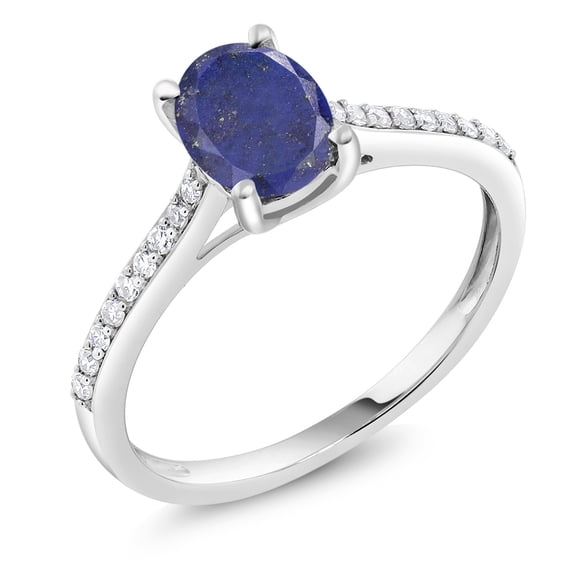 Gem Stone King 10K White Gold Blue Lapis and White Diamond Solitaire Engagement Ring for Women | 1.53 Cttw | Oval 8X6MM | Gemstone Birthstone | Size 6