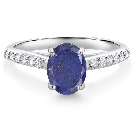 Gem Stone King 10K White Gold Blue Lapis and White Lab Grown Diamond Engagement Ring for Women (1.58 Cttw, Oval 8X6MM, Gemstone Birthstone, Size 7)