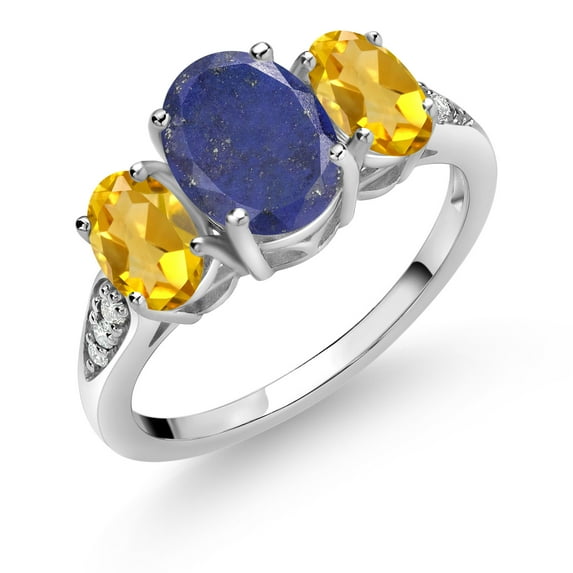 Gem Stone King 10K White Gold Blue Lapis Yellow Citrine and White Lab Grown Diamond 3 Stone Engagement Ring for Women (2.34 Cttw, Gemstone Birthstone, Size 6)
