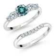 thumbnail image 1 of Gem Stone King 10K White Gold Blue Moissanite White Moissanite and White Lab Grown Diamond 5 Stone Bridal Engagement Wedding Ring Set for Women (0.81 Cttw, Round, Size 6), 1 of 6