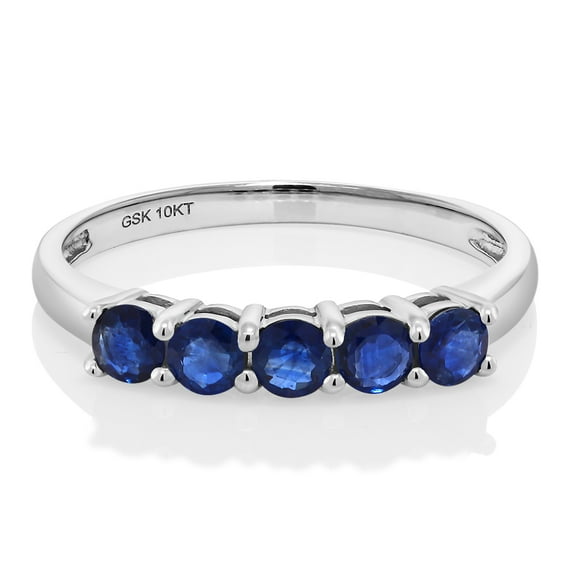 Gem Stone King 10K White Gold Blue Sapphire 5 Stone Wedding Engagement Anniversary Promise Ring for Women (0.80 Cttw, Round 3MM,3MM, Gemstone September Birthstone, Available in Size 5, 6, 7, 8, 9)