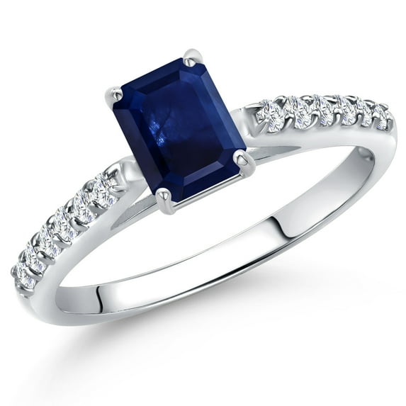 Gem Stone King 10K White Gold Blue Sapphire and Lab Grown Diamond Engagement Ring for Women | 0.80 Cttw | Emerald Cut 6X4MM | Gemstone September Birthstone | Available in Size 5,6,7,8,9