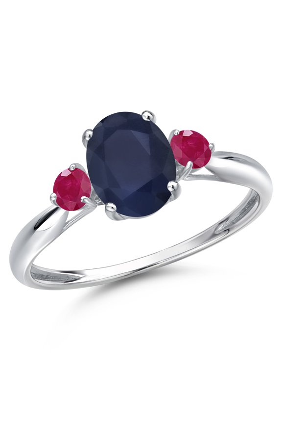 10K White Gold Blue Sapphire and Red Ruby 3-Stone Ring for Women | 2.11 Cttw | Oval 8X6MM | Gemstone September Birthstone | Size 9