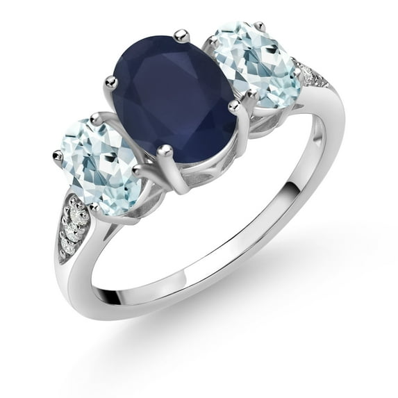 Gem Stone King 10K White Gold Blue Sapphire Sky Blue Aquamarine and White Lab Grown Diamond 3 Stone Engagement Ring for Women (2.84 Cttw, Gemstone Birthstone, Available in Size 5, 6, 7, 8, 9)