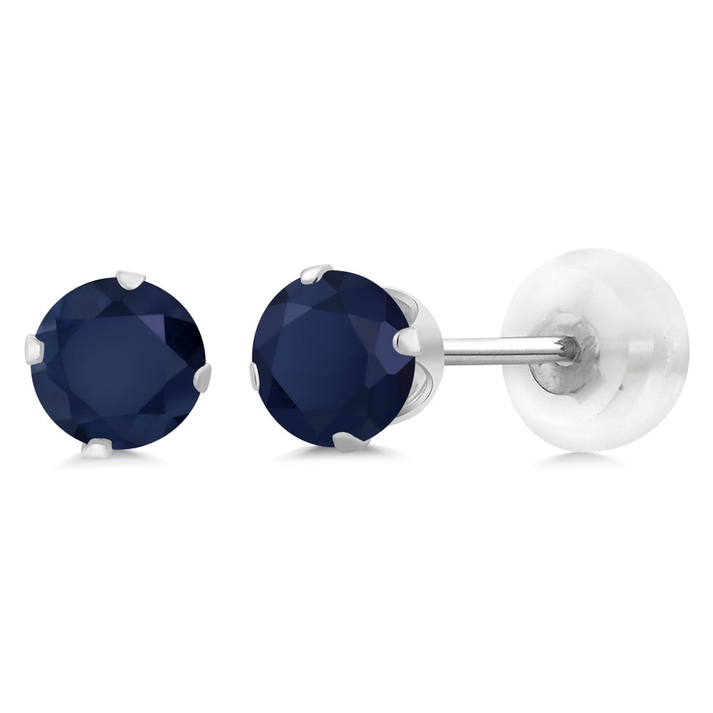 Gem Stone King 10K White Gold Blue Sapphire Stud Earrings for Women Men | 0.72 Cttw | Gemstone Birthstone | Round 4MM