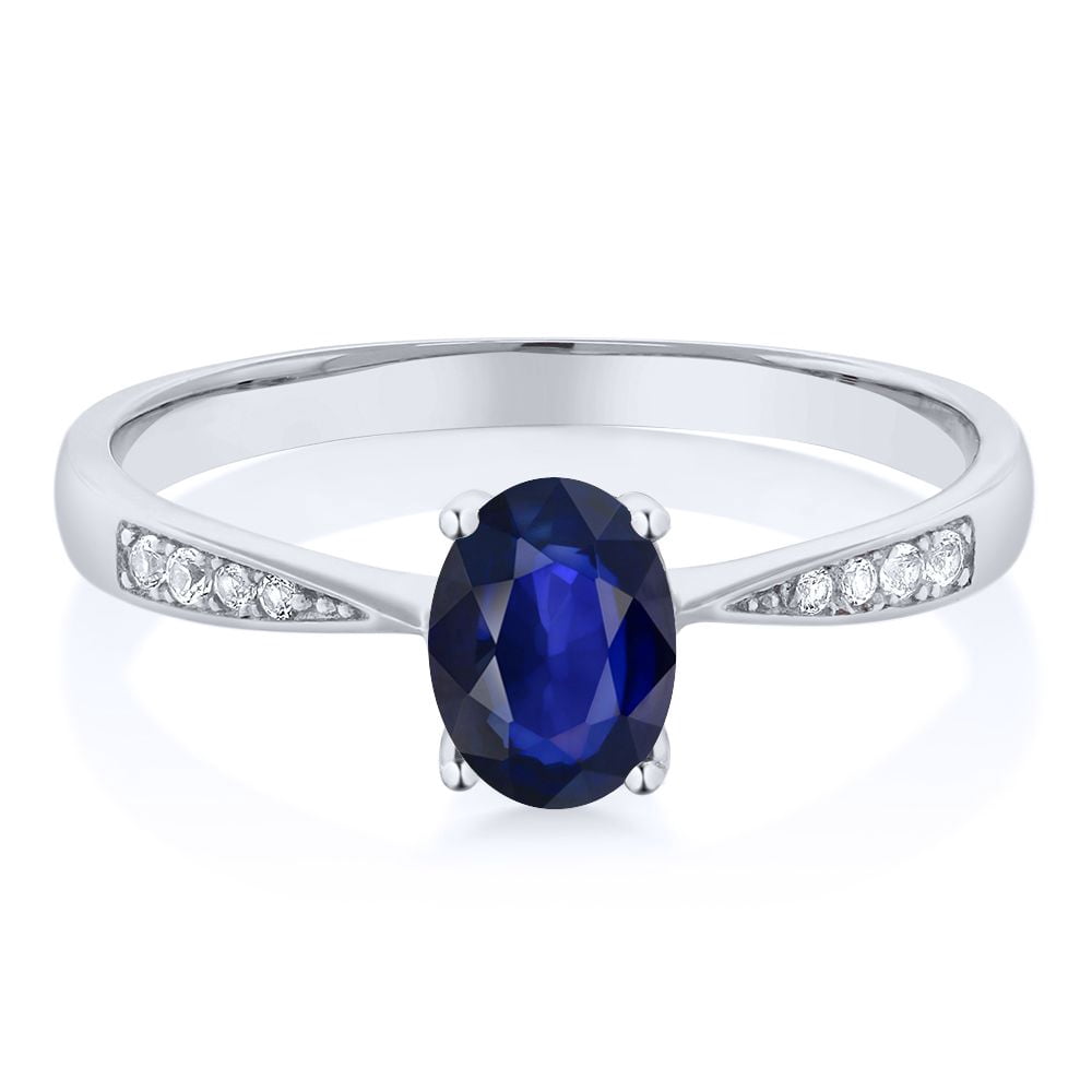 Gem Stone King 10K White Gold Blue Sapphire and White Diamond Engagement Ring for Women (0.63 Cttw, Gemstone September Birthstone, Oval 7X5MM, Available in Size 5, 6, 7, 8, 9)