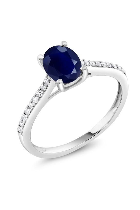 10K White Gold Blue Sapphire and White Diamond Solitaire Engagement Ring for Women | 1.79 Cttw | Oval 8X6MM | Gemstone September Birthstone | Size 6