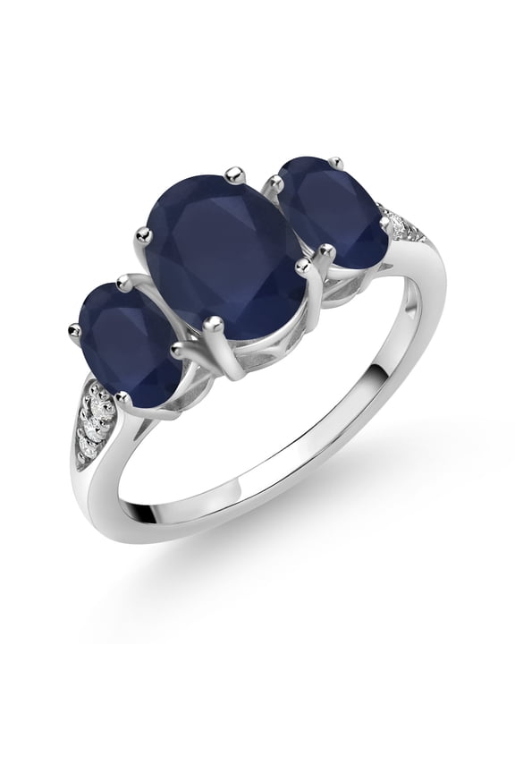 10K White Gold Blue Sapphire and White Lab Grown Diamond 3-Stone Engagement Ring | 2.94 Cttw | Three Stone Wedding Anniversary Promise Ring for Women | Available in Size 5, 6, 7, 8, 9