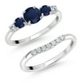 thumbnail image 1 of Gem Stone King 10K White Gold Blue Sapphire and White Lab Grown Diamond 5 Stone Bridal Engagement Wedding Ring Set for Women (1.01 Cttw, Round: 5MM and 3MM, Size 7), 1 of 6