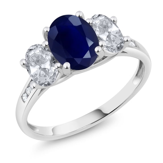 Gem Stone King 10K White Gold Blue Sapphire White Topaz and White Diamond Oval 3-Stone Engagement Ring for Women (2.79 Cttw, Gemstone September Birthstone, Available in Size 5, 6, 7, 8, 9)