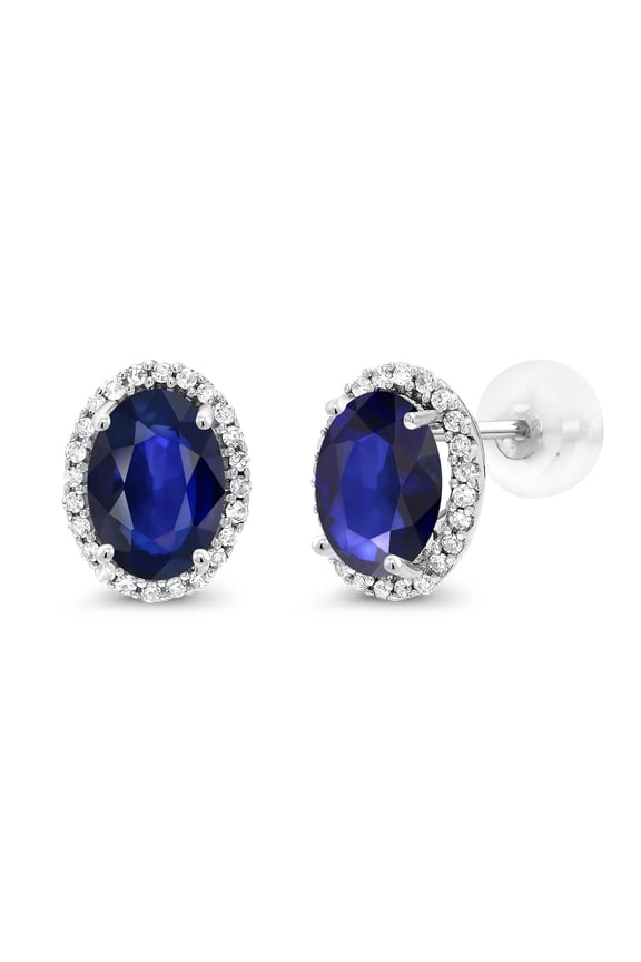 10K White Gold Blue Sapphire and White Diamond Halo Stud Earrings for Women | 1.48 Cttw | Gemstone September Birthstone | Oval 7X5MM