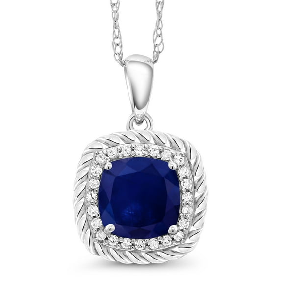 Gem Stone King 10K White Gold Blue Sapphire and White Diamond Women's Pendant Necklace for Women (2.17 Cttw, Cushion Cut 7MM, with 18 inch Chain)