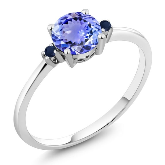 Gem Stone King 10K White Gold Blue Tanzanite and Blue Sapphire Solitaire Engagement Ring for Women (0.93 Cttw, Round 6MM, Gemstone December Birthstone, Size 6)