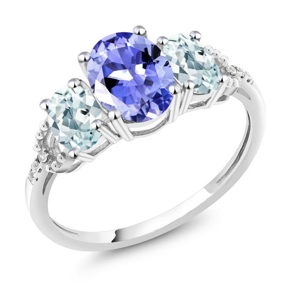 Gem Stone King 10K White Gold Blue Tanzanite Sky Blue Aquamarine & Diamond Accent 3-Stone Engagement Ring | 2.07 Cttw | Three Stone Wedding Engagement Anniversary Promise Ring for Women (Size 6.5)