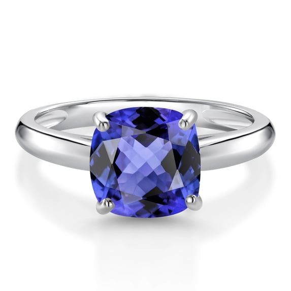 Gem Stone King 10K White Gold Blue Tanzanite Solitaire Engagement Ring for Women (2.70 Cttw, Cushion 8MM, Gemstone December Birthstone, Available in Size 5, 6, 7, 8, 9)