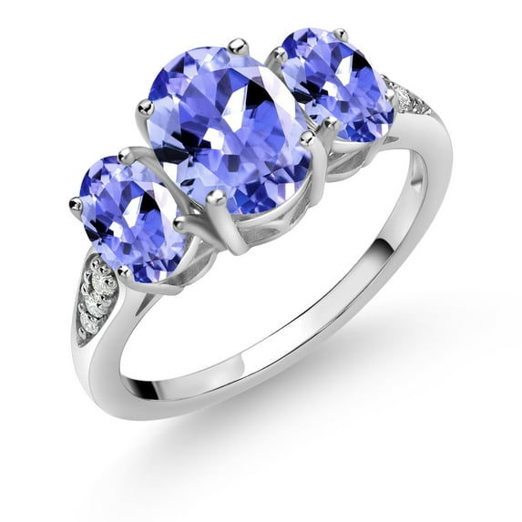 Gem Stone King 10K White Gold Blue Tanzanite and White Lab Grown Diamond 3 Stone Engagement Ring for Women (2.10 Cttw, Gemstone Birthstone, Available in Size 5, 6, 7, 8, 9)