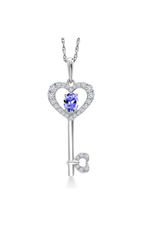 10K White Gold Blue Tanzanite and White Lab Grown Diamond Heart Shape Key Pendant Necklace for Women (0.32 Cttw, Gemstone December Birthstone, with 18 inch Chain)