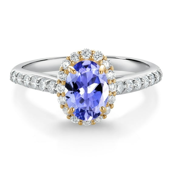 Gem Stone King 10K White Gold Blue Tanzanite White White Lab Grown Diamond Halo Engagement Ring for Women (1.06 Cttw, Oval 7X5MM, Gemstone December Birthstone, Size 7)