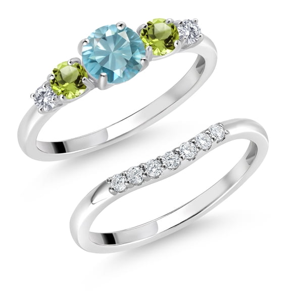 Gem Stone King 10K White Gold Blue Zircon Green Peridot and White Lab Grown Diamond 5 Stone Bridal Engagement Wedding Ring Set for Women (1.20 Cttw, Round: 5MM and 3MM, Size 8)