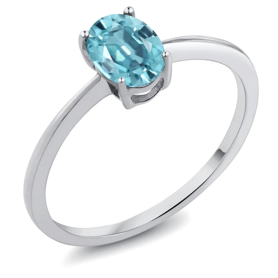 Gem Stone King 10K White Gold Blue Zircon Solitaire Engagement Ring for Women (1.20 Cttw, Oval 7X5MM, Gemstone Birthstone, Size 7.5)