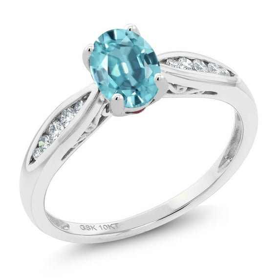 Gem Stone King 10K White Gold Blue Zircon and White Diamond Engagement Ring for Women (1.27 Cttw, Oval 7X5MM, Available in Size 5, 6, 7, 8, 9)