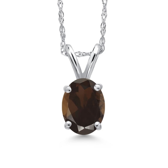 Gem Stone King 10K White Gold Brown Smoky Quartz Pendant Necklace for Women | 0.75 Cttw | Gemstone Birthstone | Oval 7X5MM | With 18 inch Chain