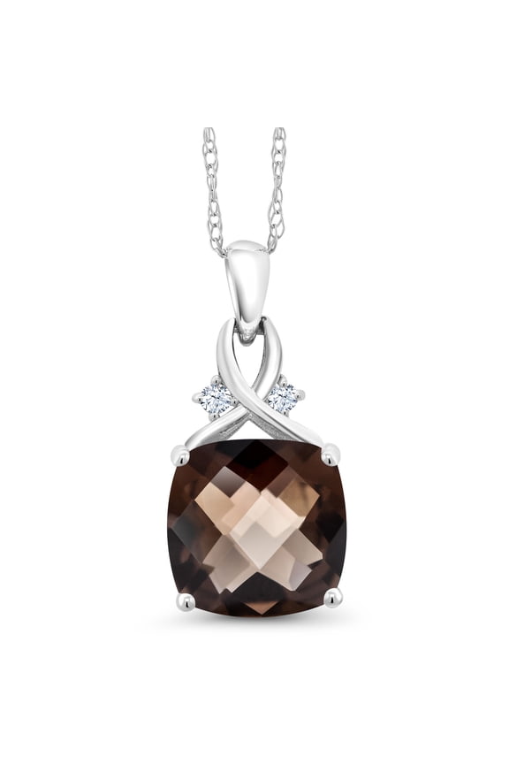 10K White Gold Brown Smoky Quartz and White Created Sapphire Pendant Necklace for Women (3.13 Cttw, Gemstone, Cushion Checkerboard Cut 10MM, with 18 inch Chain)