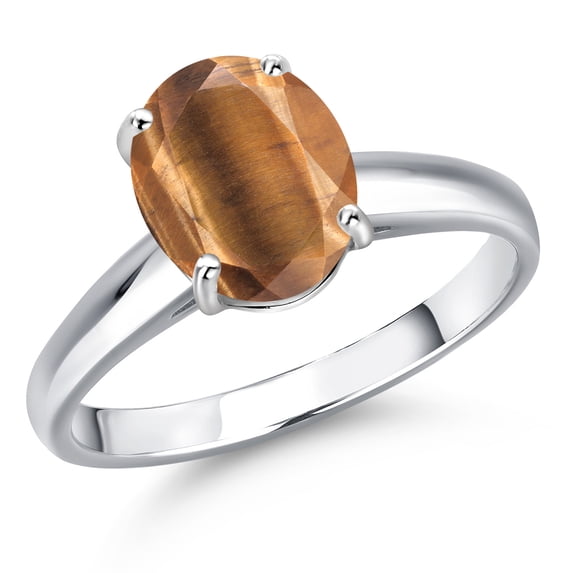 Gem Stone King 10K White Gold Brown Tiger Eye Engagement Ring for Women | 1.50 Cttw | Oval 9X7MM | Gemstone Birthstone | Size 5